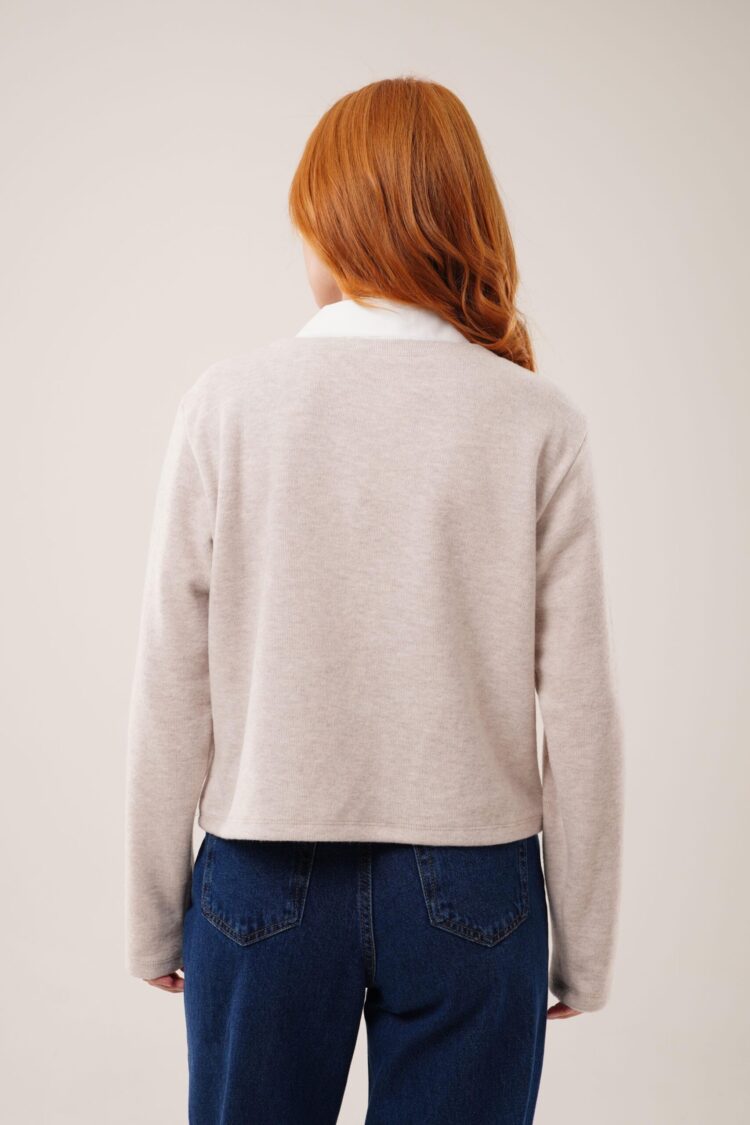 Beige Blouse With V-Neck And Long Straight Sleeves