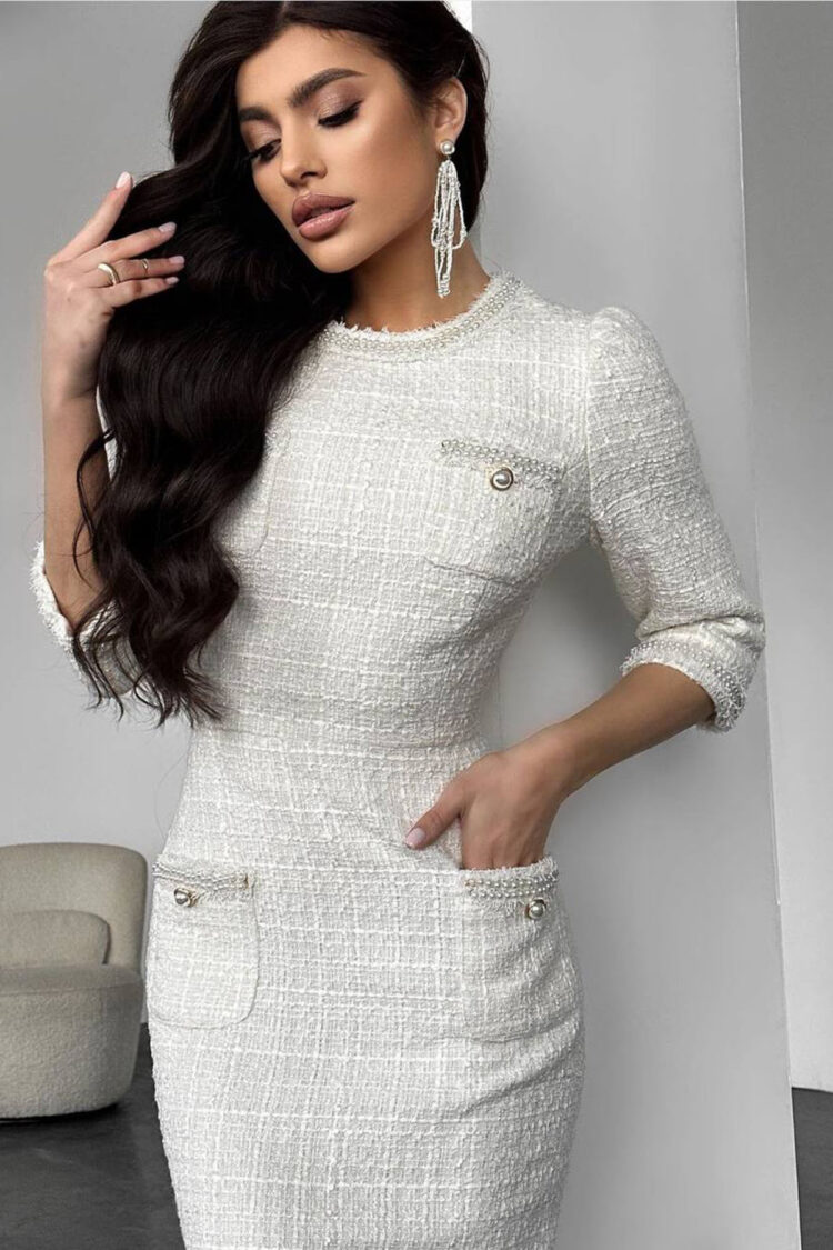 Pocket Detailed Imported Fabric Midi Size Design Dress - Ecru - Brand: Mode Roy - Women & Kids, Baby Clothes Wholesale - Globality Store