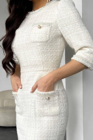 Pocket Detailed Imported Fabric Midi Size Design Dress - Ecru - Brand: Mode Roy - Women & Kids, Baby Clothes Wholesale - Globality Store