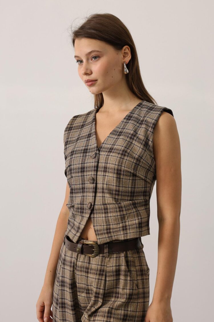 Beige Vintage Plaid Buttoned Vest - Brand: Reyon - Women & Kids, Baby Clothes Wholesale - Globality Store