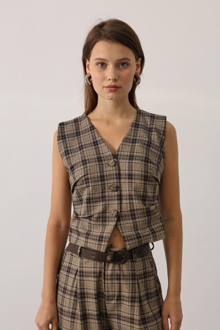 Beige Vintage Plaid Buttoned Vest