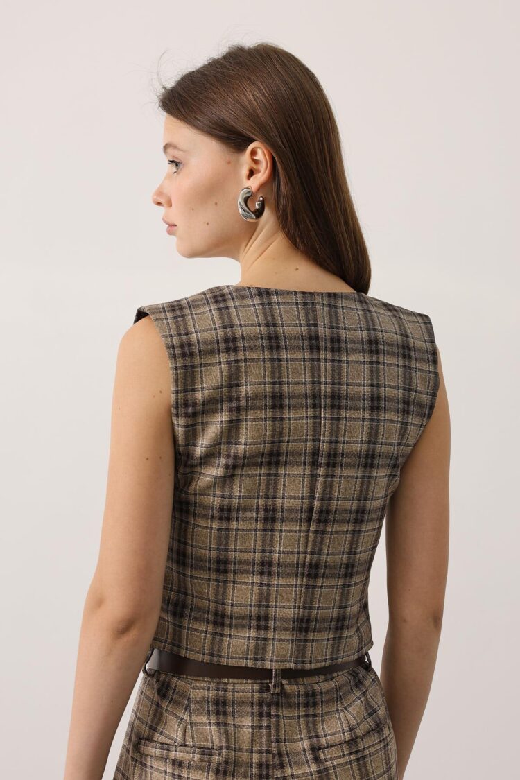 Beige Vintage Plaid Buttoned Vest