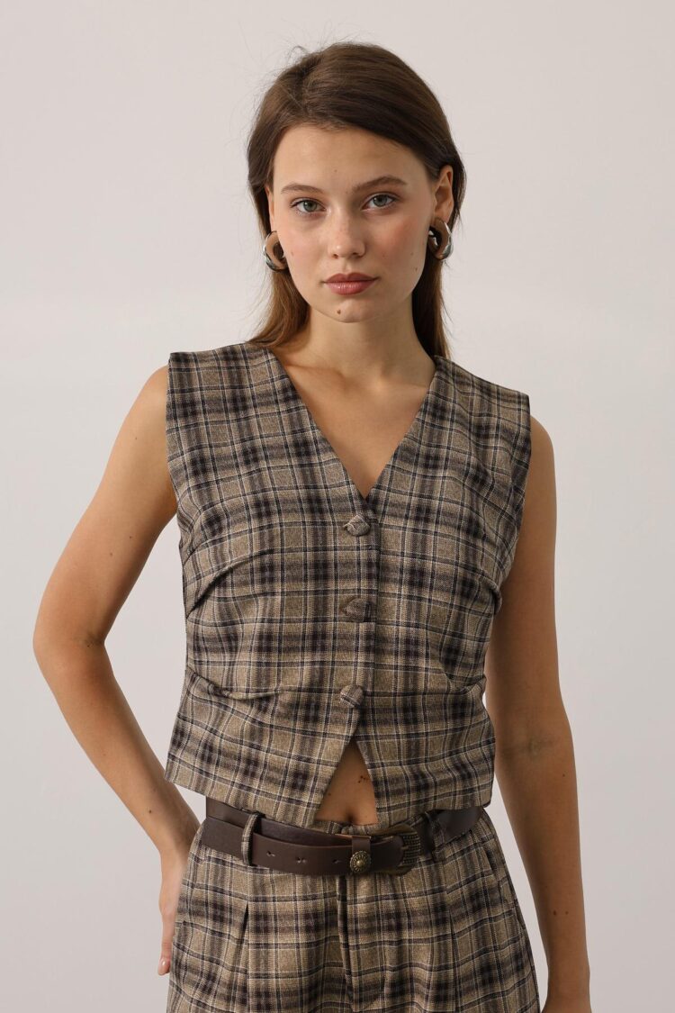 Beige Vintage Plaid Buttoned Vest