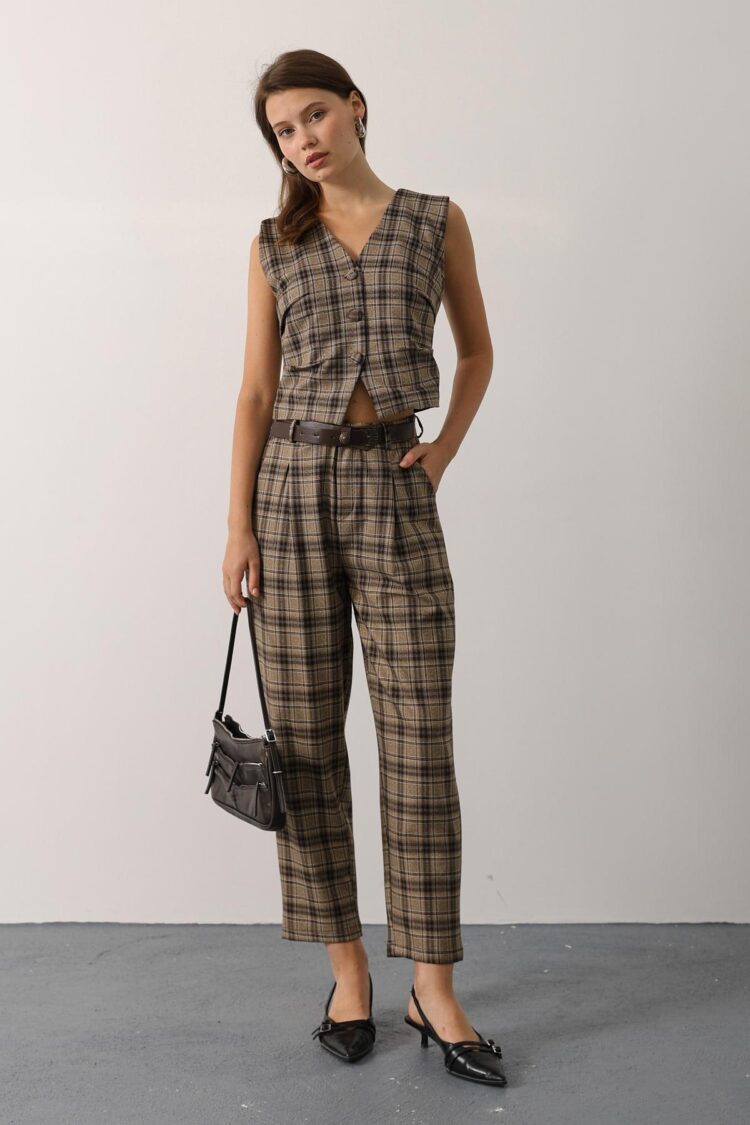 Brown Plaid Tapered Carrot Pants - Brand: Reyon - Women & Kids, Baby Clothes Wholesale - Globality Store