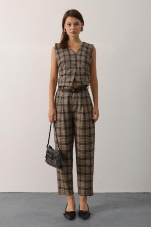 Brown Plaid Tapered Carrot Pants - Brand: Reyon - Women & Kids, Baby Clothes Wholesale - Globality Store