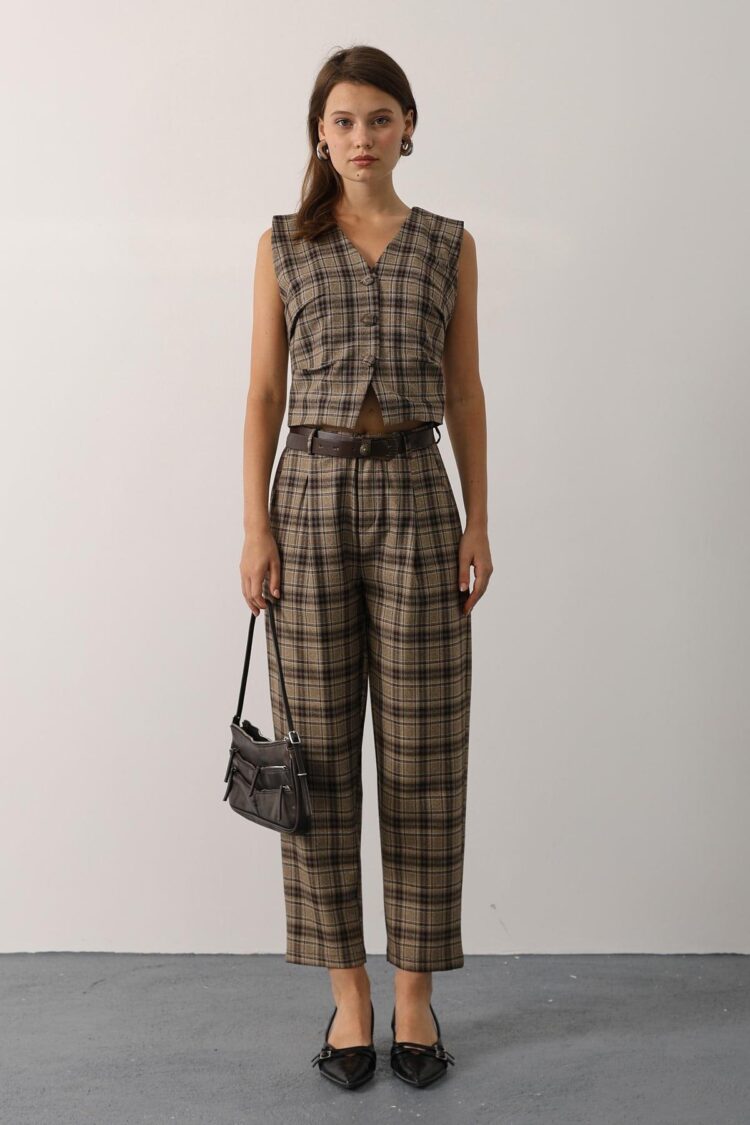 Brown Plaid Tapered Carrot Pants