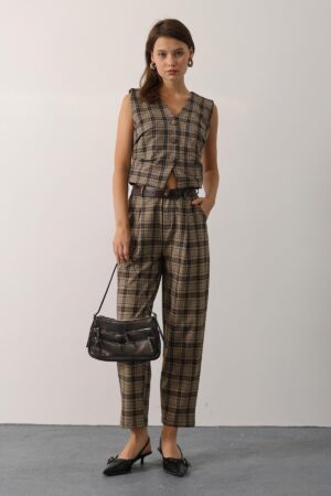 Brown Plaid Tapered Carrot Pants - Brand: Reyon - Women & Kids, Baby Clothes Wholesale - Globality Store