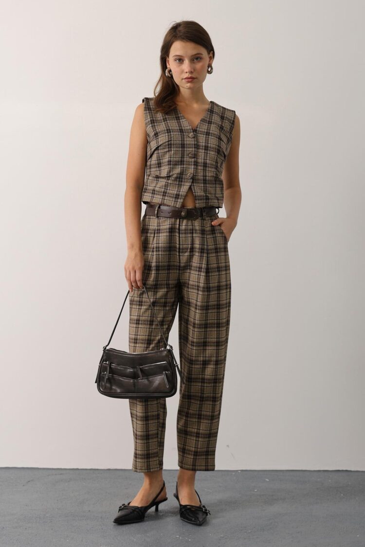 Brown Plaid Tapered Carrot Pants