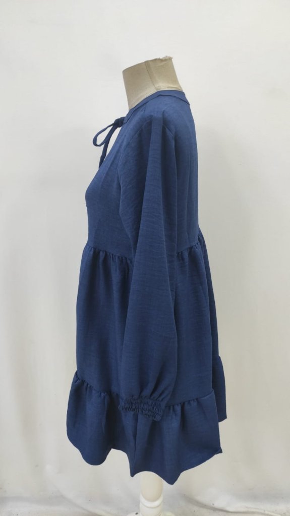 Blue Babydoll Mini Dress With Long Straight Sleeves