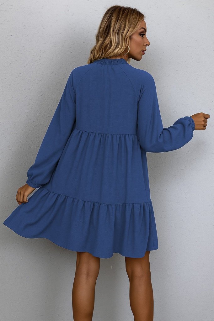 Blue Babydoll Mini Dress With Long Straight Sleeves
