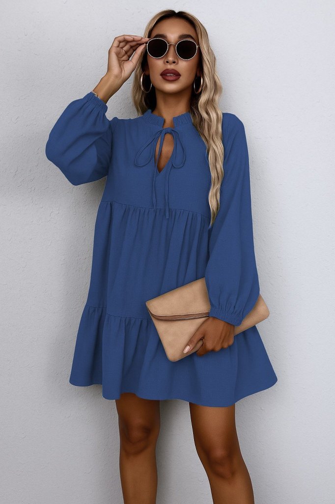 Blue Babydoll Mini Dress With Long Straight Sleeves