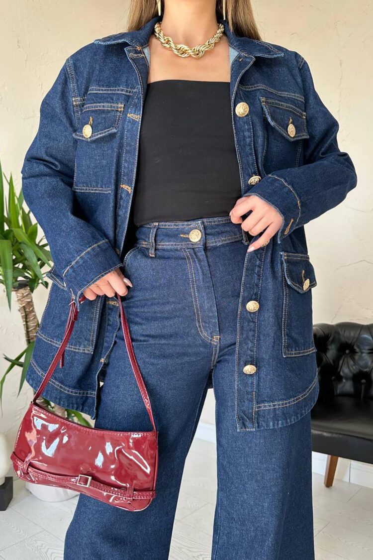 Wholesale Navy Blue Gold Buttoned Trouser Suit