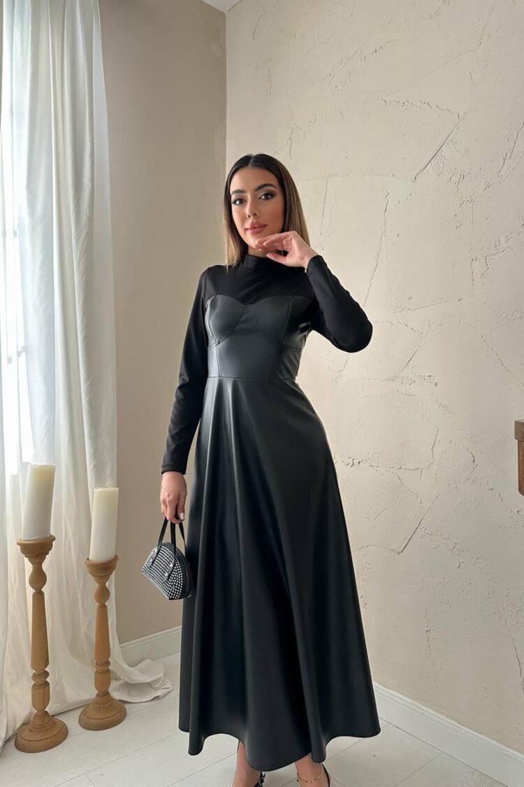Black Elegant Modest Fit And Flare Floor-Length Dress