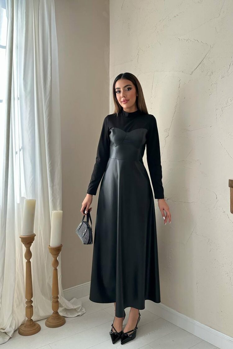 Black Elegant Modest Fit And Flare Floor-Length Dress