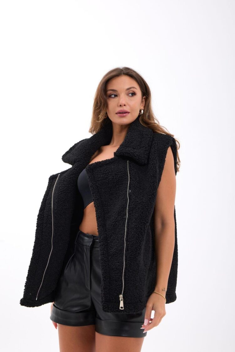 Black Oversized Fit Casual Zip-Up Vest