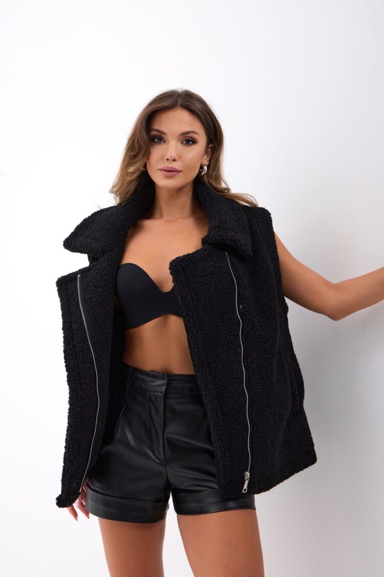 Black Oversized Fit Casual Zip-Up Vest