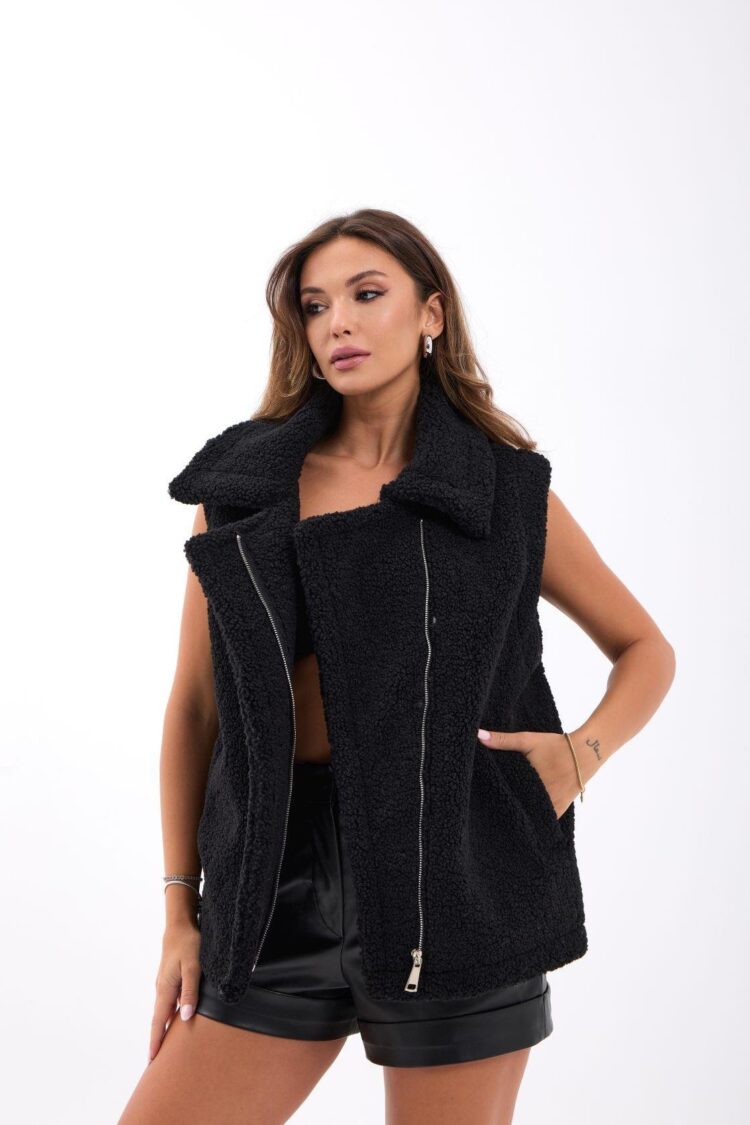 Black Oversized Fit Casual Zip-Up Vest - Brand: Fame - Women & Kids, Baby Clothes Wholesale - Globality Store