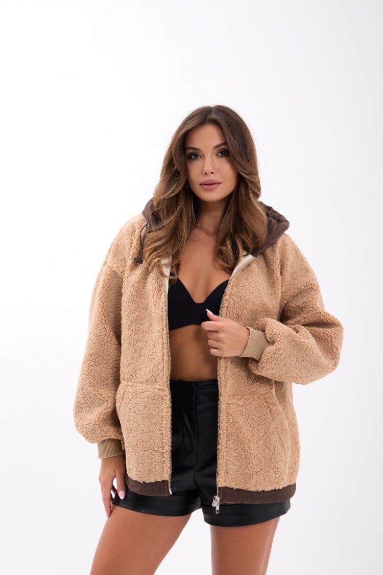 Beige Oversized Hooded Bomber Coat - Brand: Fame - Women & Kids, Baby Clothes Wholesale - Globality Store