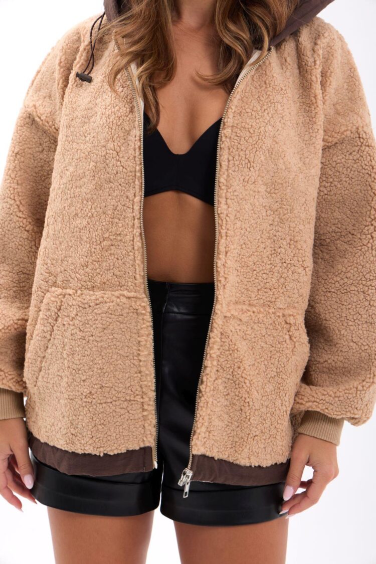 Beige Oversized Hooded Bomber Coat