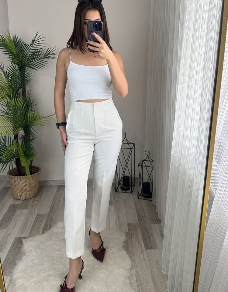 White Elegant Formal Casual Pants
