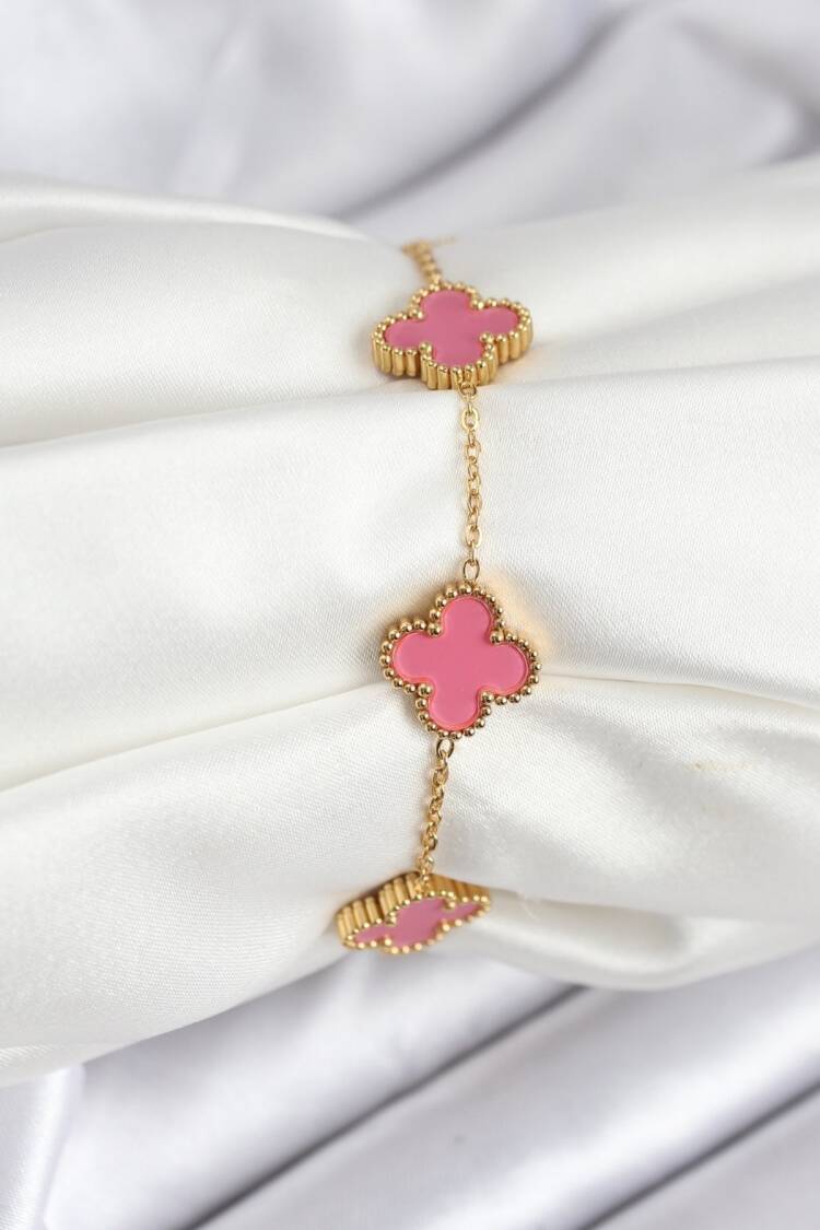 316l Steel Gold Chain Pink Clover Color Bracelet - Brand: Ebijuteri - Women & Kids, Baby Clothes Wholesale - Globality Store