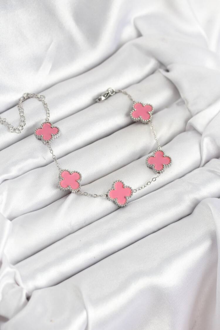 316l Steel Silver Chain Pink Color Clover Bracelet