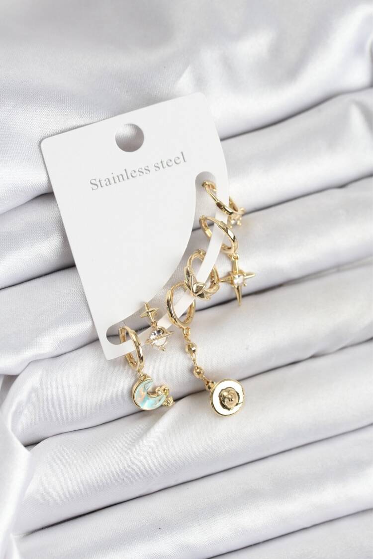Brass Gold Color Moon Model Women Earrings Set - Brand: Ebijuteri - Women & Kids, Baby Clothes Wholesale - Globality Store