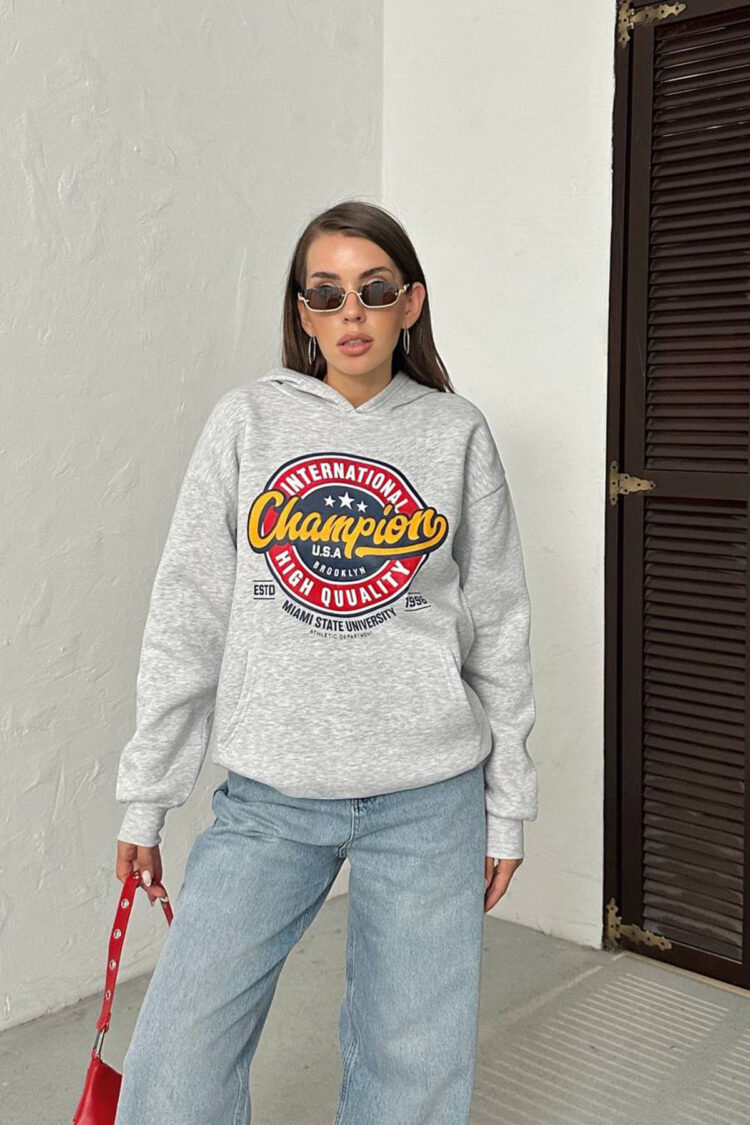Grey Oversized Fit Sweatshirt With Hooded Neck