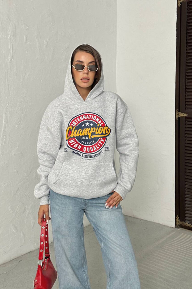 Grey Oversized Fit Sweatshirt With Hooded Neck