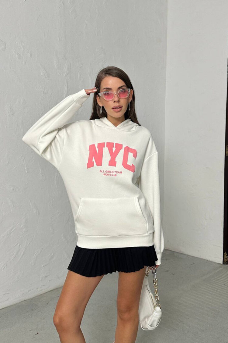White Oversized Fit Sweatshirt With Hooded Neck