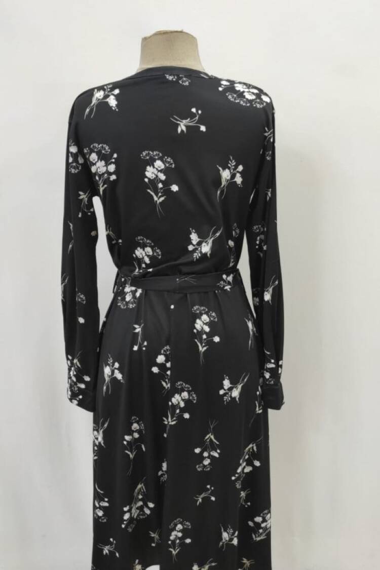 Black A-Line Dress With Floral Pattern And Shawl Collar