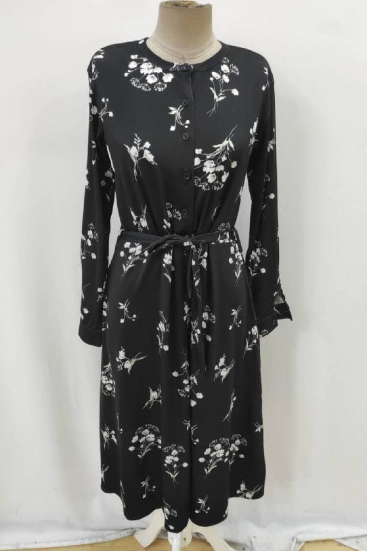 Black A-Line Dress With Floral Pattern And Shawl Collar