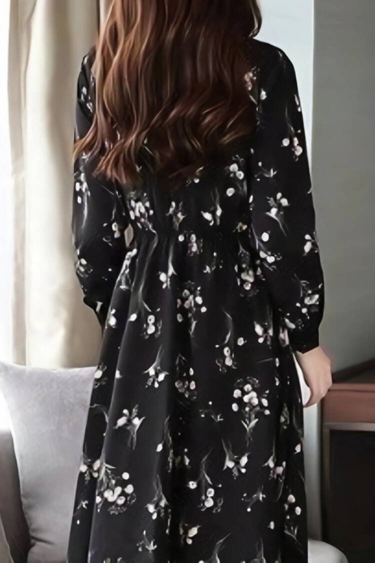 Black A-Line Dress With Floral Pattern And Shawl Collar