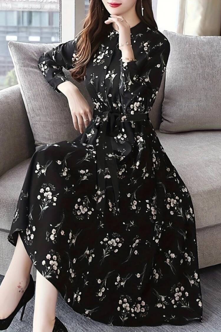 Black A-Line Dress With Floral Pattern And Shawl Collar