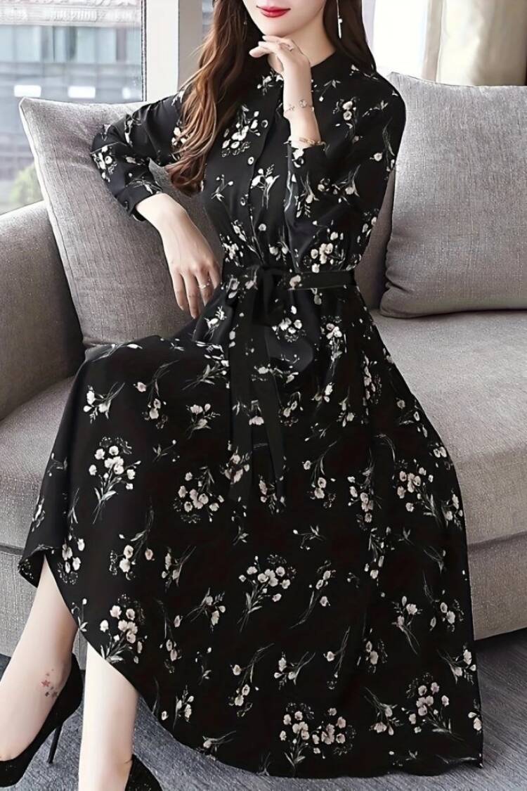 Black A-Line Dress With Floral Pattern And Shawl Collar - Brand: Janes - Women & Kids, Baby Clothes Wholesale - Globality Store