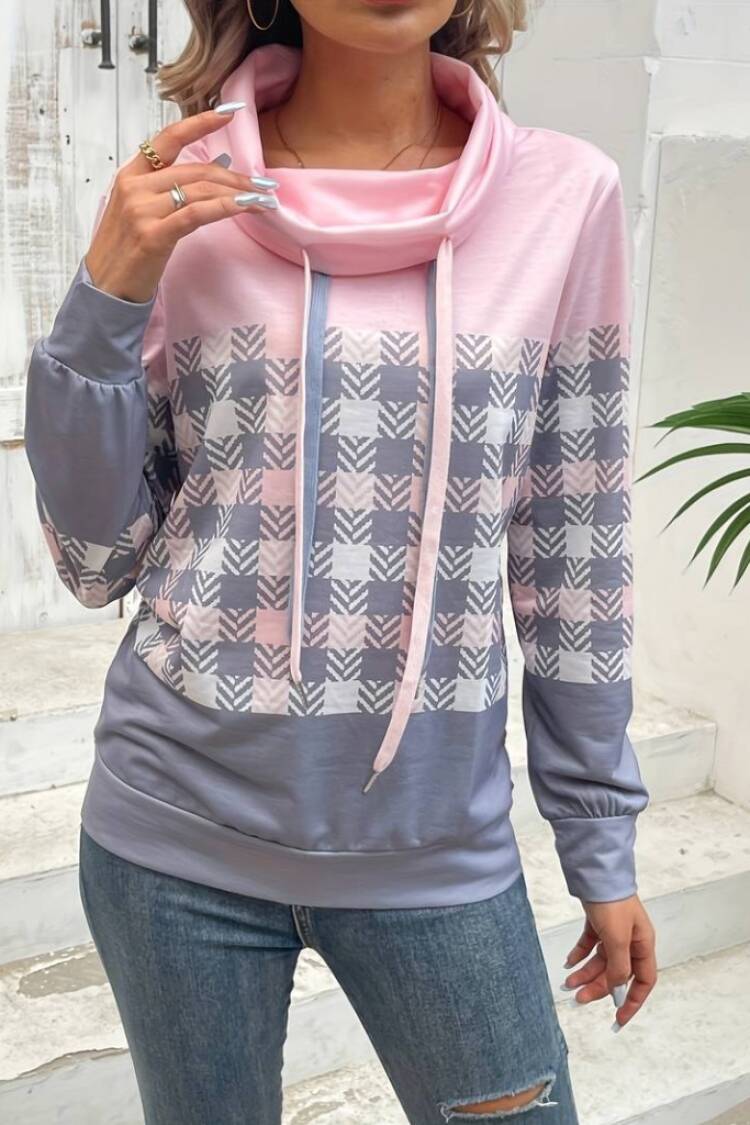 Pink Checkered Cowl Neck Casual Blouse