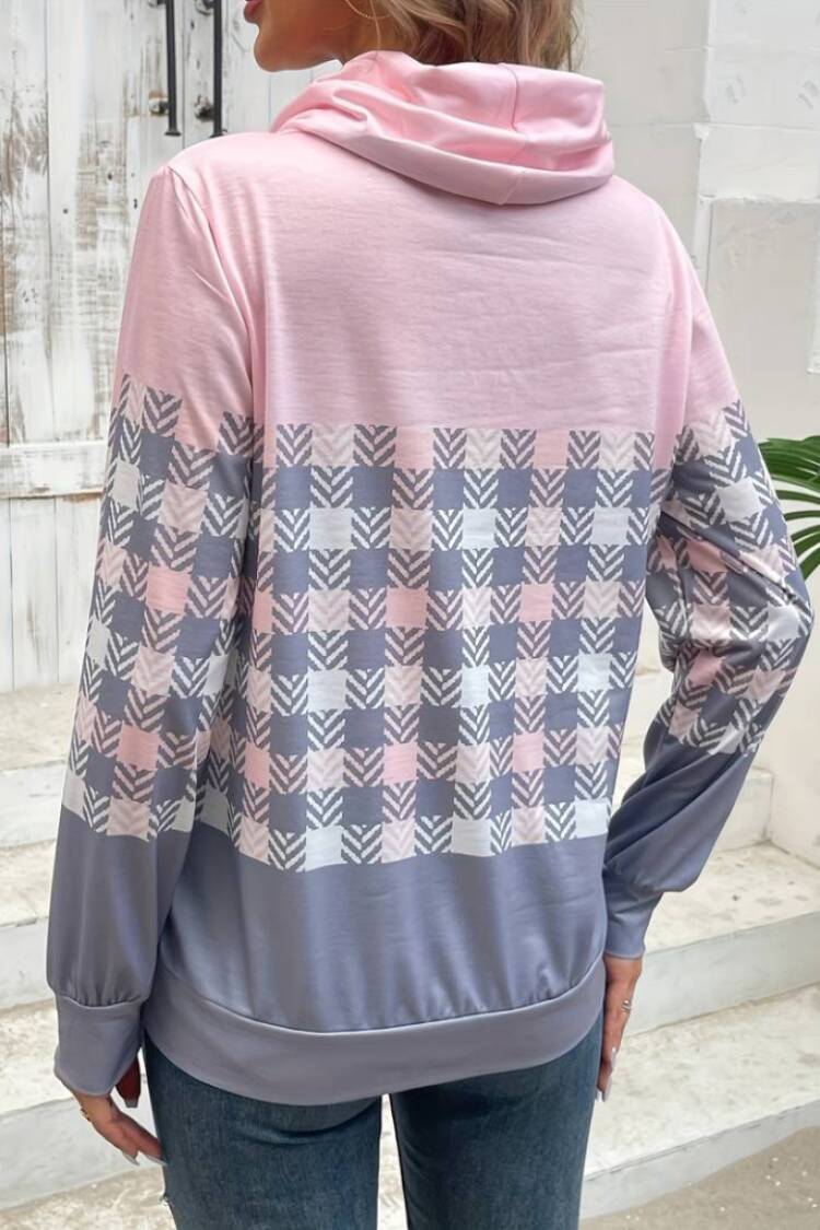 Pink Checkered Cowl Neck Casual Blouse