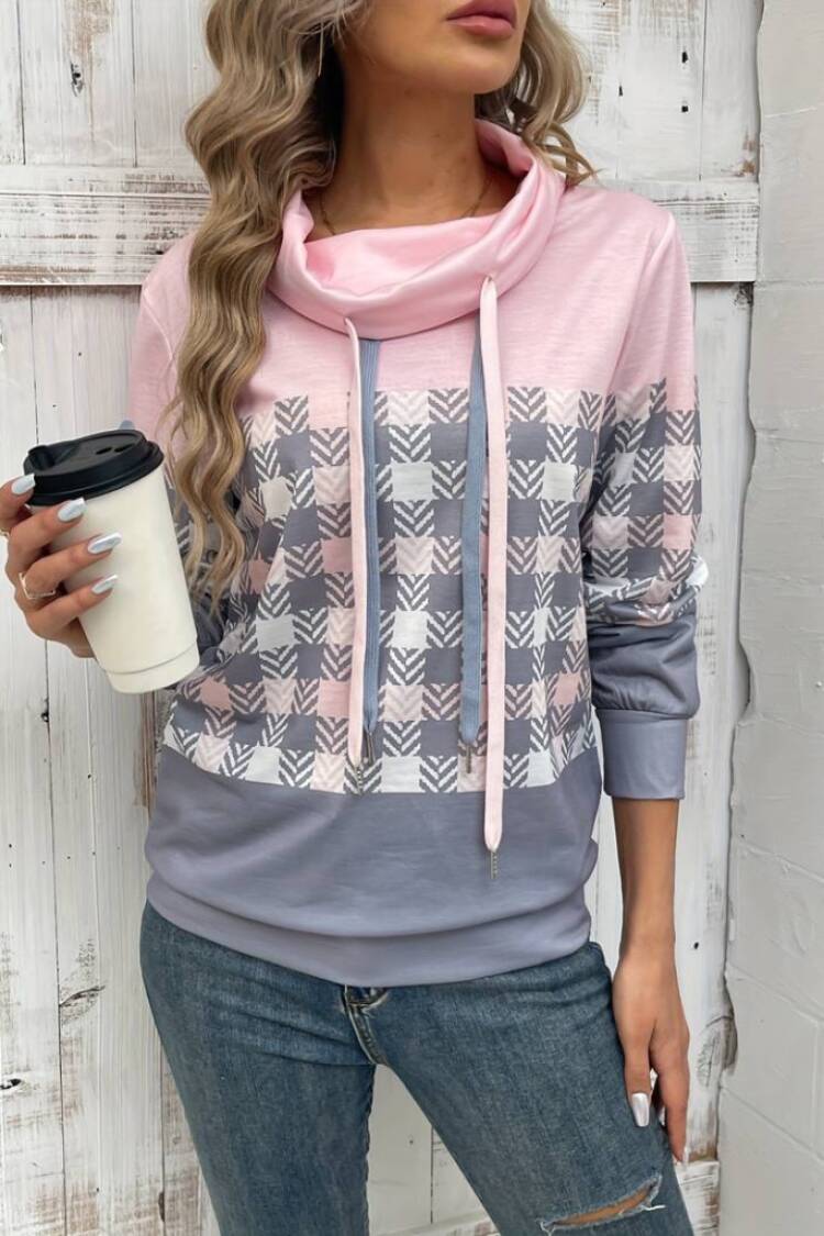 Pink Checkered Cowl Neck Casual Blouse