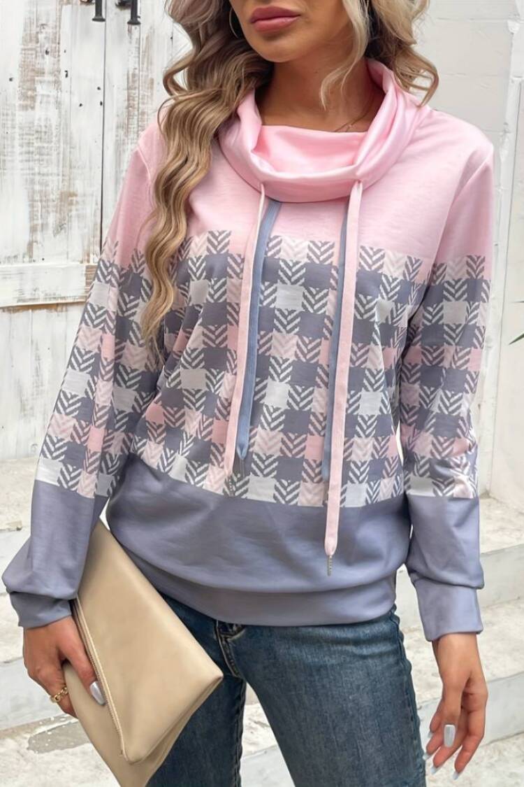 Pink Checkered Cowl Neck Casual Blouse