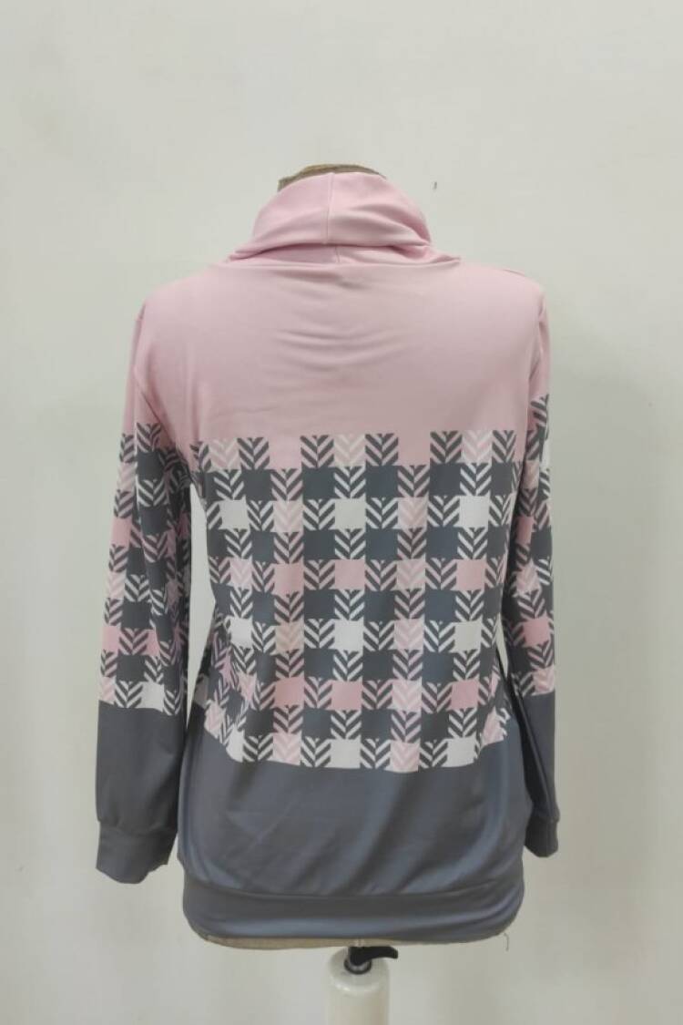 Pink Checkered Cowl Neck Casual Blouse