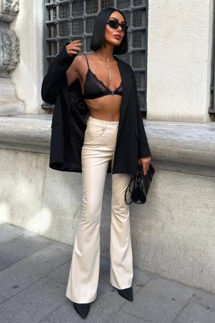 Beige Bootcut Flare Leg Pants With High Waist