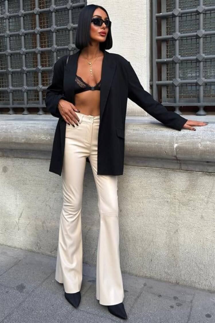 Beige Bootcut Flare Leg Pants With High Waist