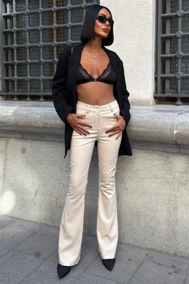 Beige Bootcut Flare Leg Pants With High Waist