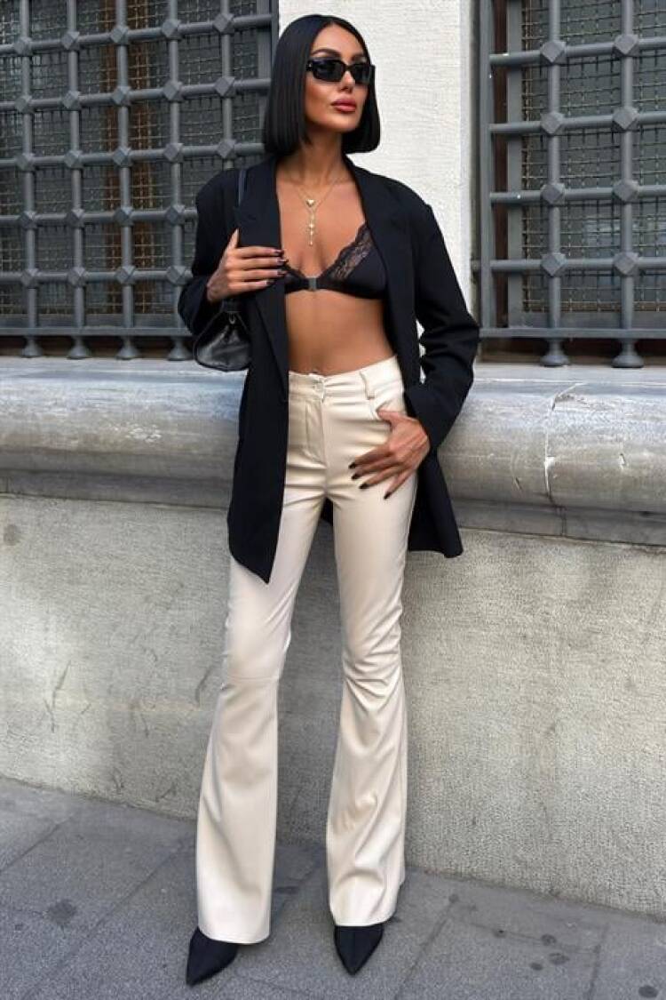 Beige Bootcut Flare Leg Pants With High Waist