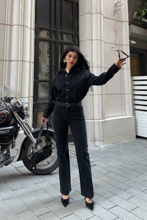 Black Shirt Jumpsuit With Notched Neck & Flap Pockets - Brand: XLove - Women & Kids, Baby Clothes Wholesale - Globality Store