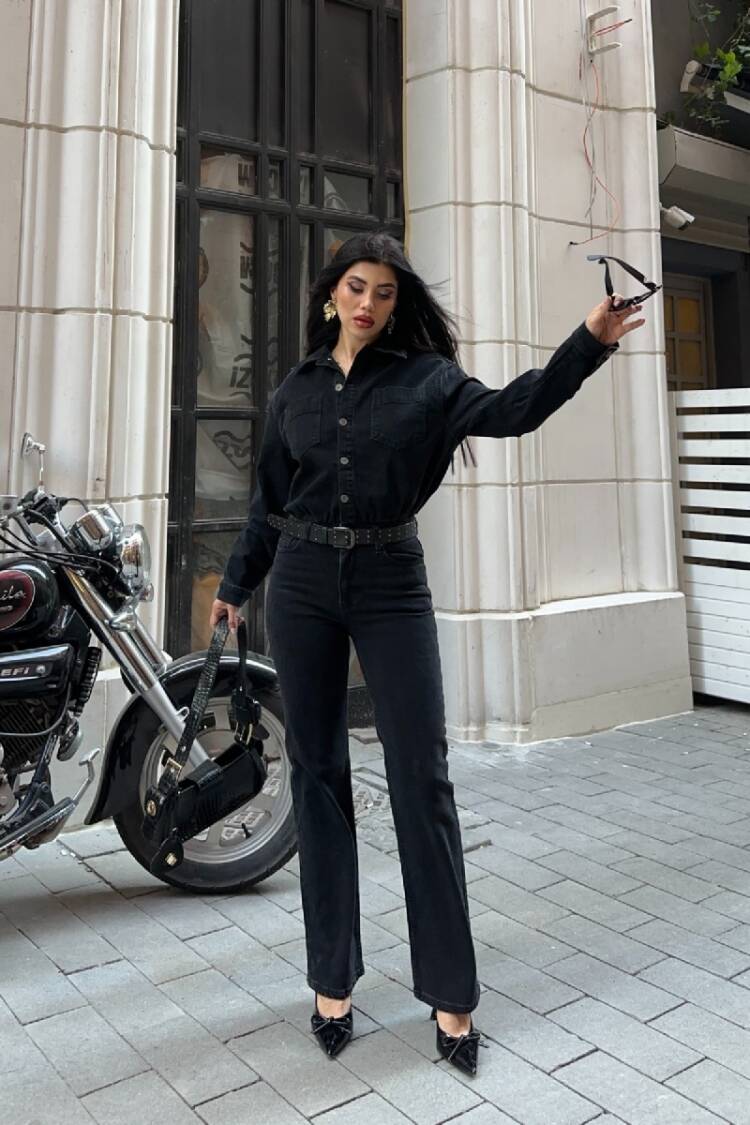 Black Shirt Jumpsuit With Notched Neck & Flap Pockets