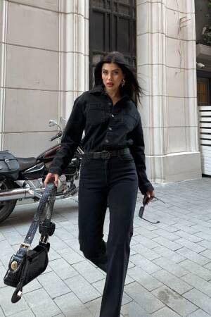 Black Shirt Jumpsuit With Notched Neck & Flap Pockets - Brand: XLove - Women & Kids, Baby Clothes Wholesale - Globality Store