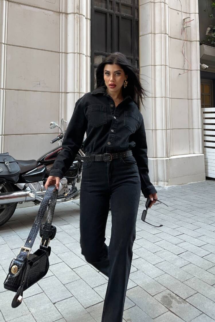 Black Shirt Jumpsuit With Notched Neck & Flap Pockets - Brand: XLove - Women & Kids, Baby Clothes Wholesale - Globality Store