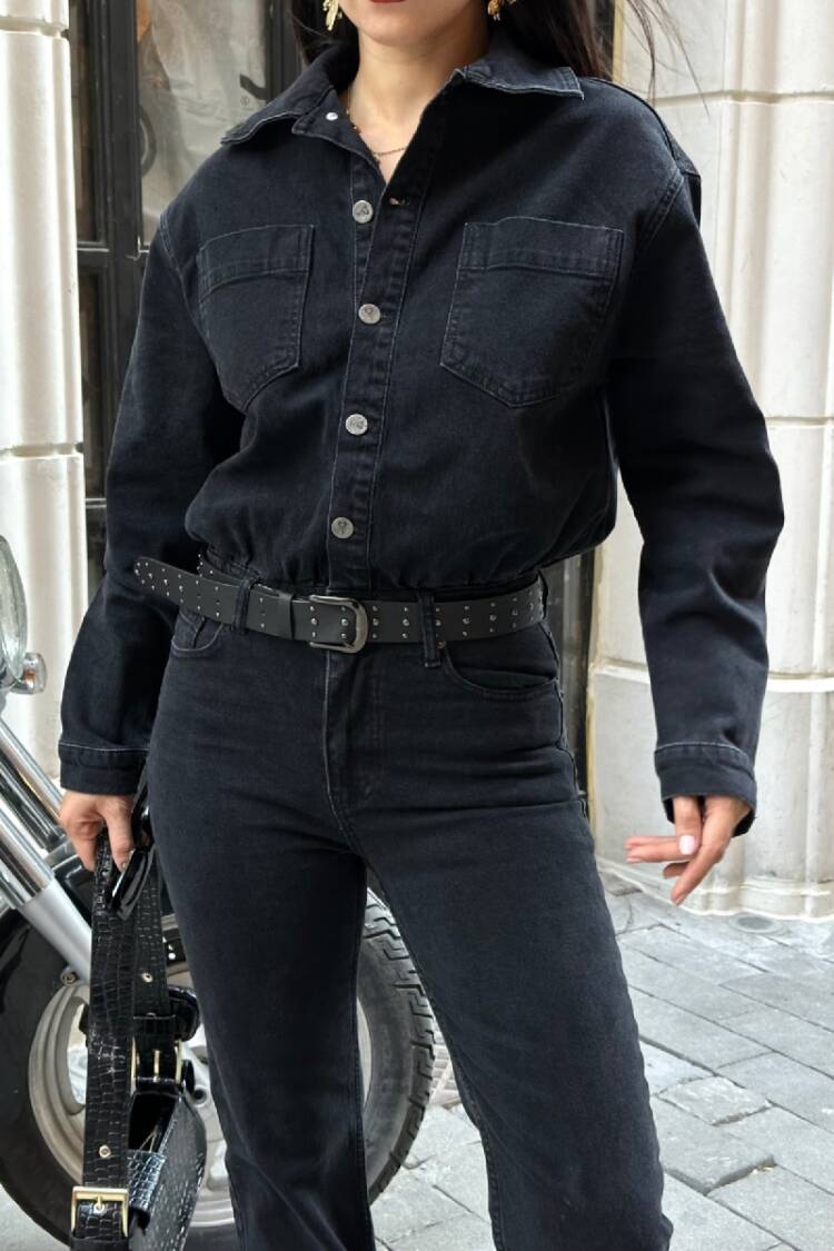 Black Shirt Jumpsuit With Notched Neck & Flap Pockets