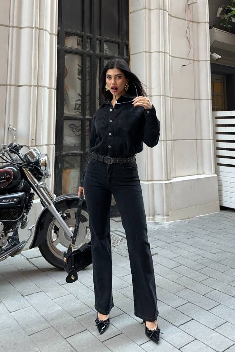 Black Shirt Jumpsuit With Notched Neck & Flap Pockets